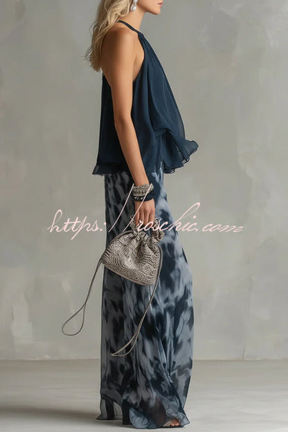 Navy Blue Camisole and Printed Wide-leg Chiffon Suit