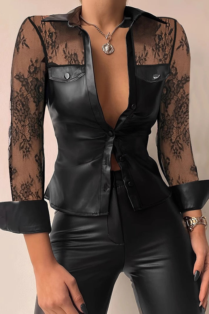 Lace Leather Panel Sheer  Long Sleeve Chic Blouse