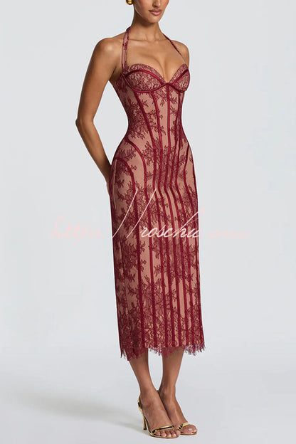 Rona Floral Lace Contrast Structural Detail Back Lace-up Halter Slit Midi Dress