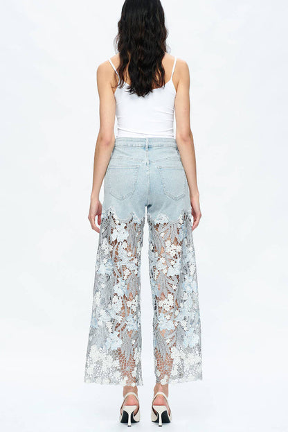 Elegant Lace Openwork Casual Pocket Straight Leg Jeans