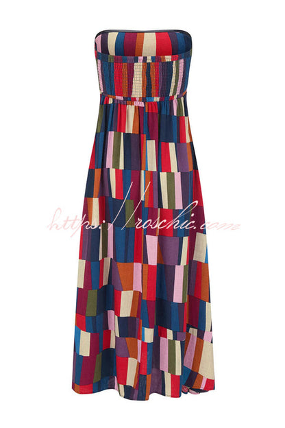 Retro Chic Linen Blend Colorful Color Block Strapless Back Smocked Midi Dress