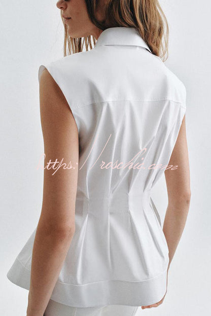 Devon Lapel Button Up Sleeveless Pleated Waist Flare Hem Shirt