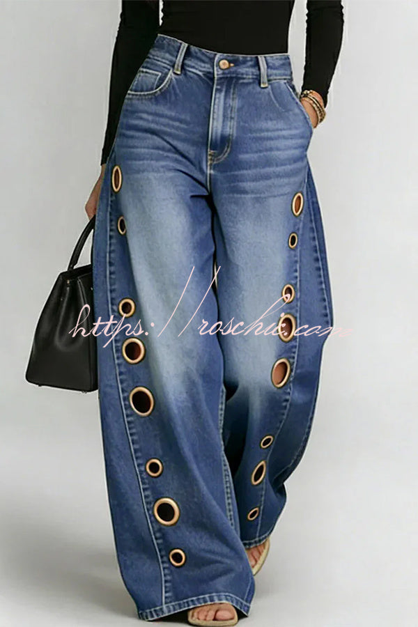 High-Street Edgy Eyelet Cut-Out Baggy Jeans