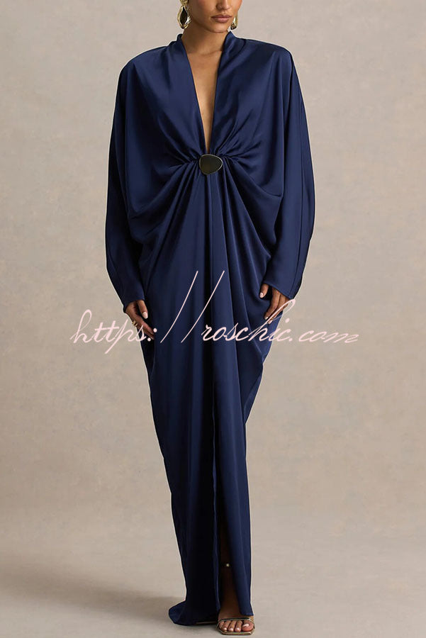 Tina Satin Plunge V-neck Gold Trim Detail Long Batwing Sleeve Maxi Dress