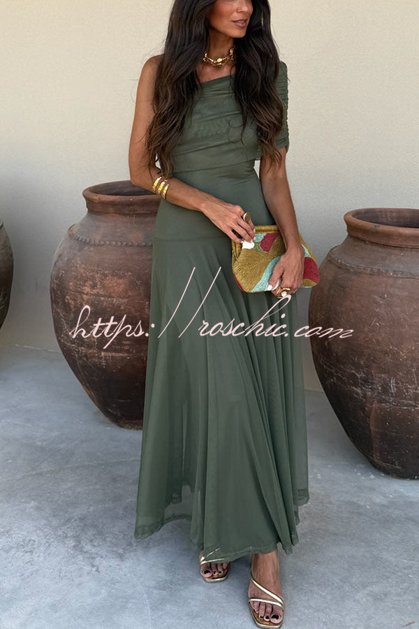 In My Arms Mesh Ruched Strapless Paneled Drape Flare Maxi Dress