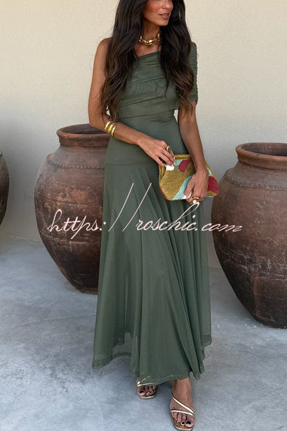 In My Arms Mesh Ruched Strapless Paneled Drape Flare Maxi Dress