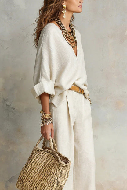 Linen Blend Solid Color Loose V-neck Top and Elastic Waist Pocket Casual Wide-leg Pants Set