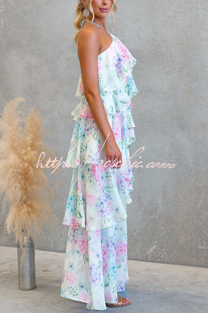 Poetic Eden Chiffon Floral Print Tiered Ruffles Halter A-line Maxi Dress