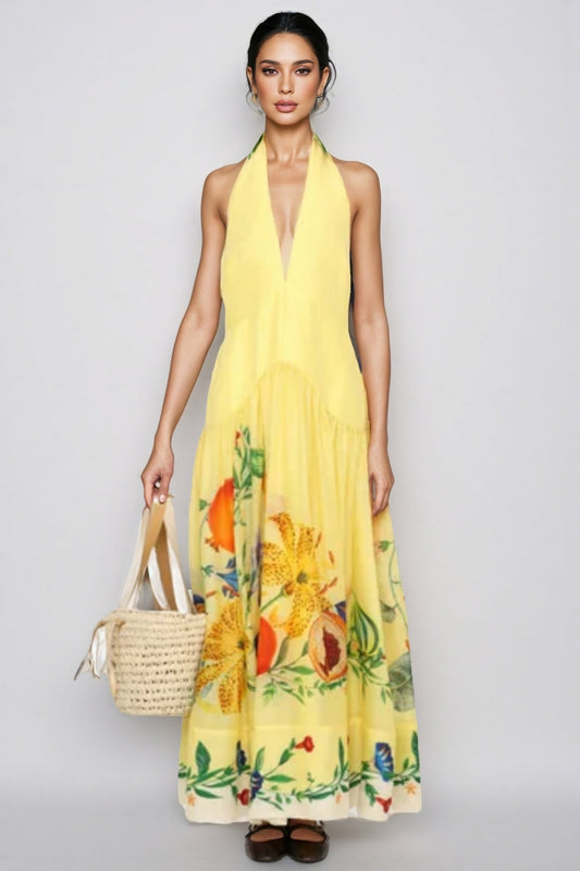 Hunte Yellow Floral Backless Maxi Dress