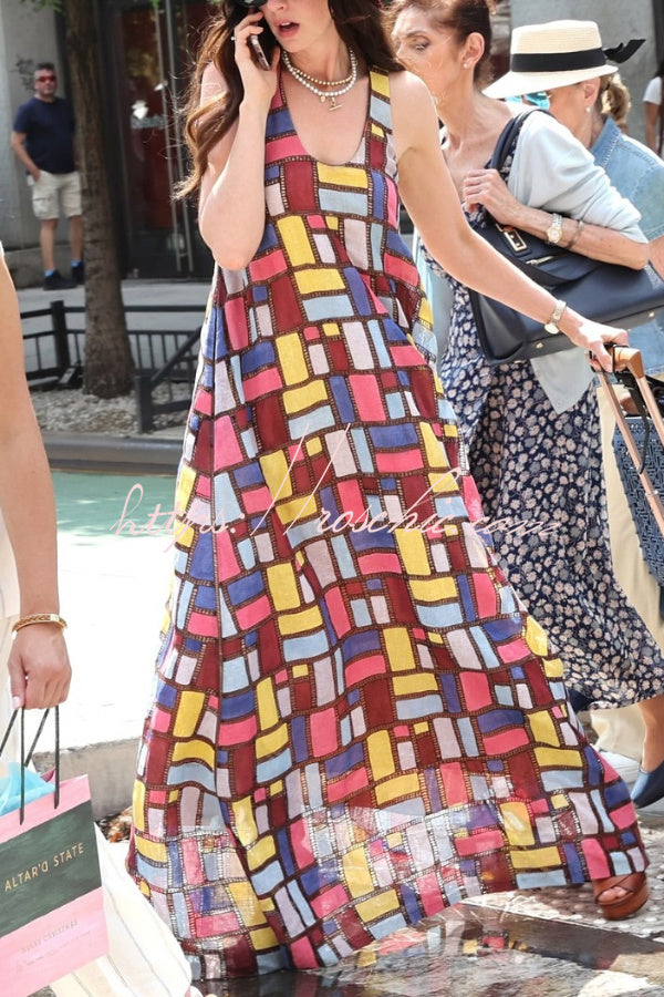 Stylish Color-blocked Plaid Print Sleeveless Round Neck Loose Maxi Dress