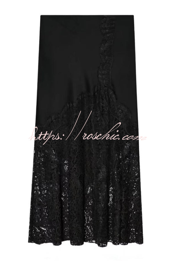 Solid Color Silk Satin and Lace Spliced elegant Maxi Skirt