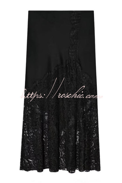 Solid Color Silk Satin and Lace Spliced elegant Maxi Skirt
