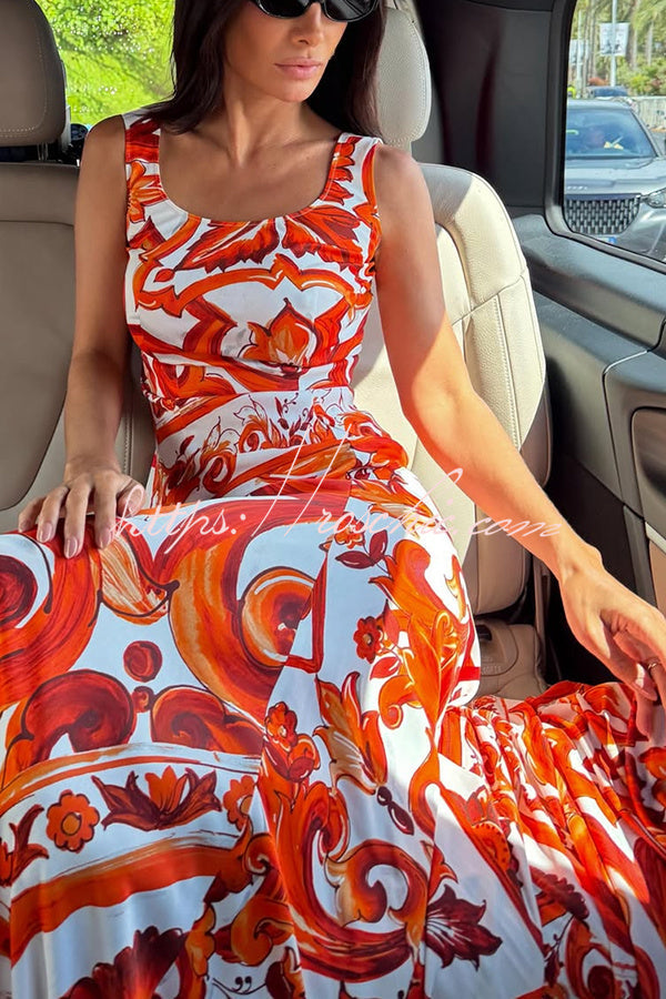 Arnell Contrast Color Artistic Floral Print Square Neck Pleated Hem Maxi Dress
