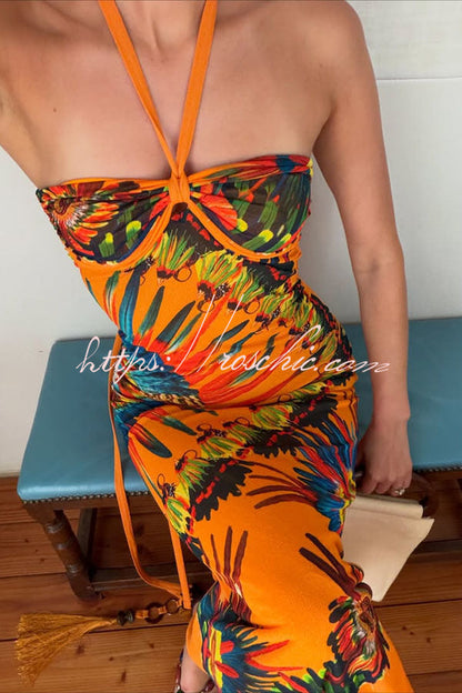 Ethnic-style Contrast Color Artistic Printed Beaded Halter Maxi Dress