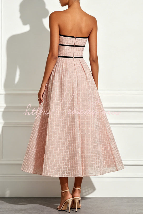 Stardust Plaid and Sequin Bow Patchwork Detail Strapless A-line Midi Dress
