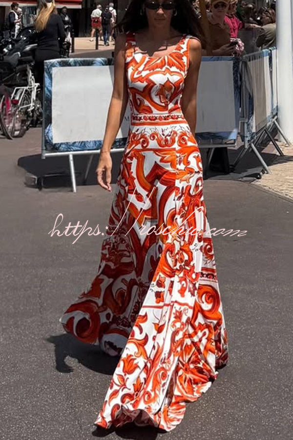 Arnell Contrast Color Artistic Floral Print Square Neck Pleated Hem Maxi Dress