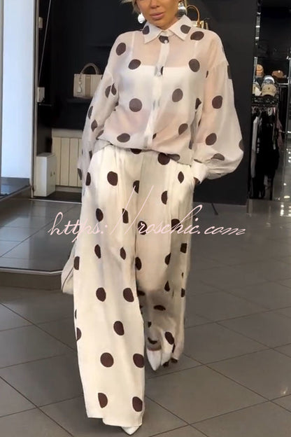 Grazia Polka Dot Sheer Long Balloon Sleeve Shirt and Elastic Waist Pocket Wide Leg Pants Set