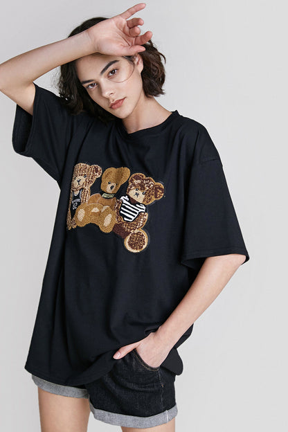 Black Teddy Bear Embroidered T-Shirt