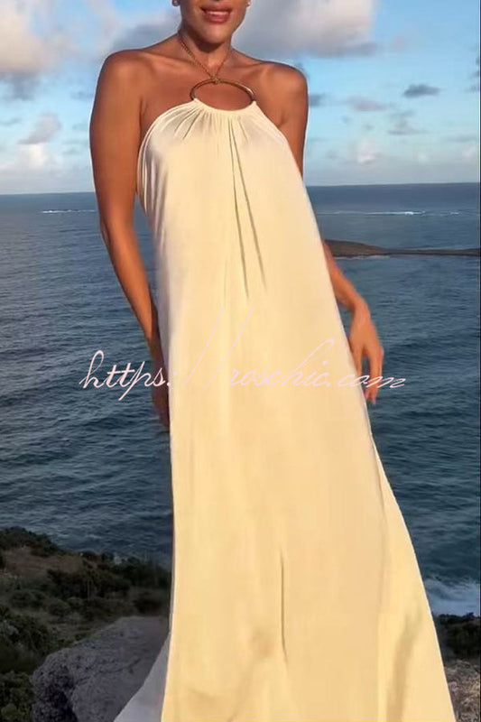 Ocean Goddess Metal Circular Chain Halter Backless Vacation A-line Maxi Dress