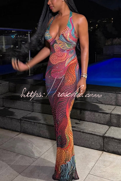 Fashionable Colorful Printed Sleeveless Halter Neck Slim-fit Maxi Dress