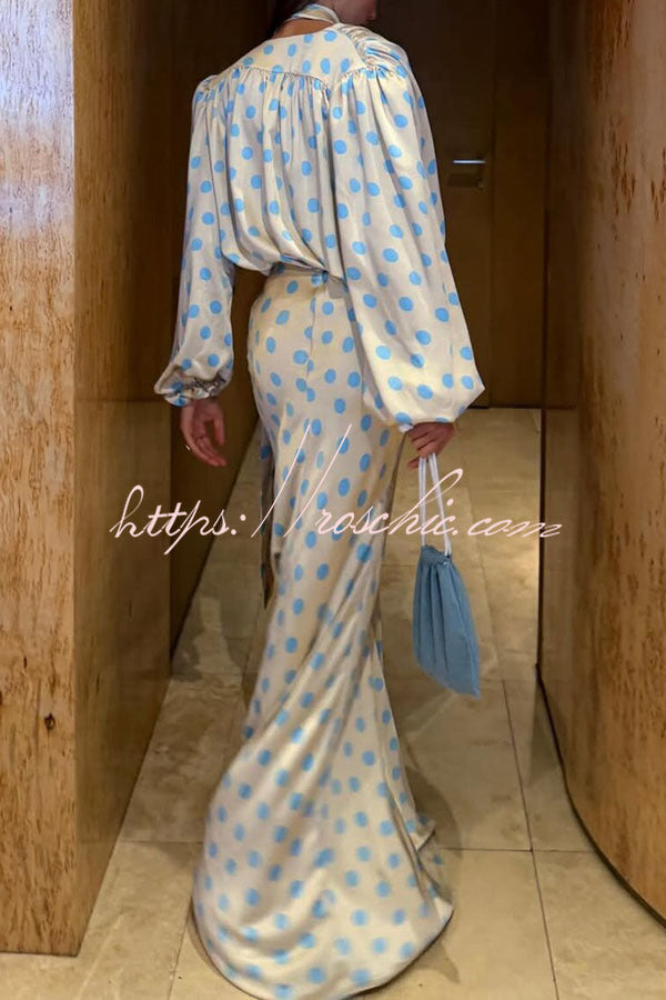 Vayla Satin Colorblock Polka Dot Print Tie-up Neck Balloon Sleeve Loose Blouse