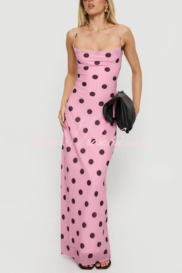 Polka Dot Print Halter Neck Backless Tie Elegant Slim-fit Maxi Dress