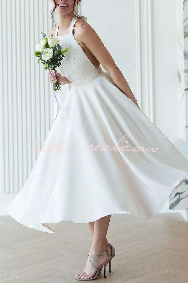 Solid Color Halter Neck Bow Tie Elegant Waist-cinching Midi Dress