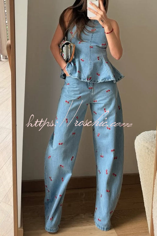 Sweet Casual Denim Cherry Print High Rise Pocket Straight Leg Loose Jeans