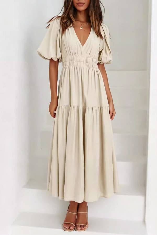 V-neck Puff Sleeve Elastic Waist Tiered Maxi Dress