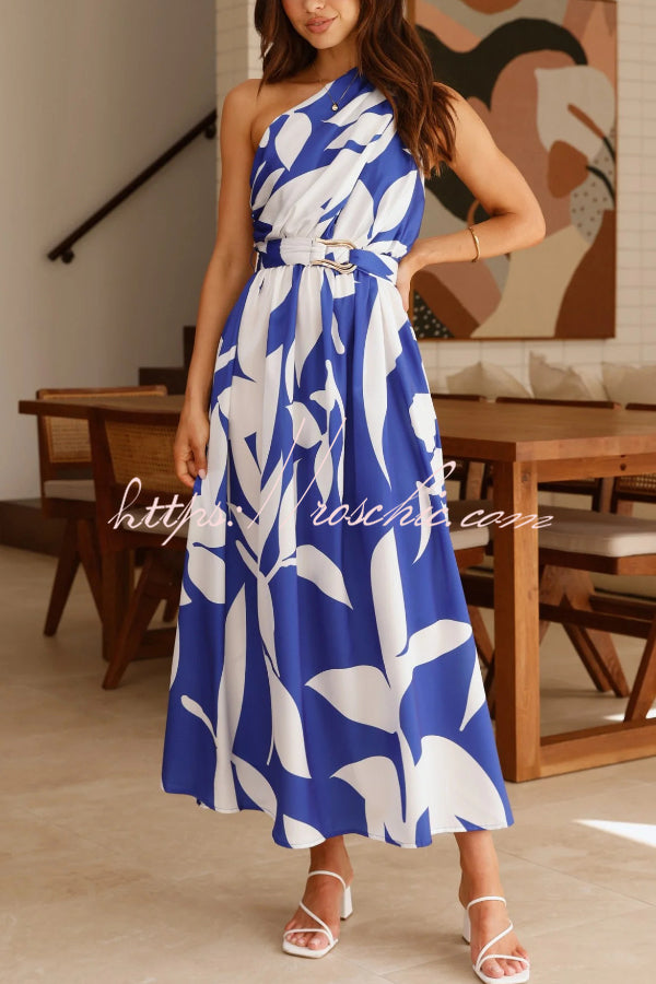 Unique Printed One-Shoulder Belt Casual Holiday Maxi Dress