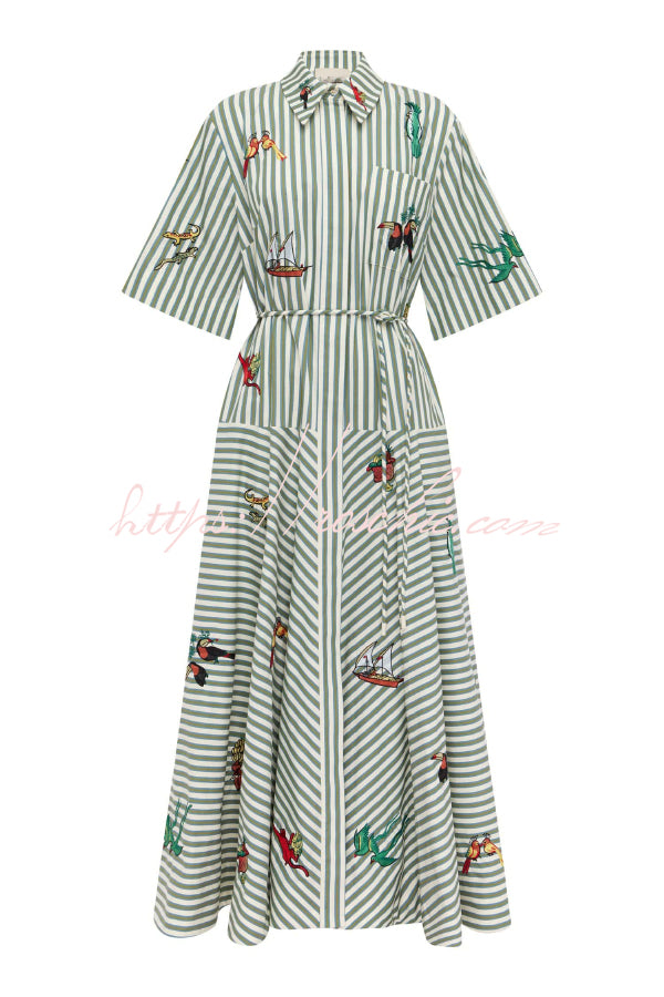 Linen Blend Striped Print Collared Short-sleeved Fitted Waist Belted Casual Maxi Dress