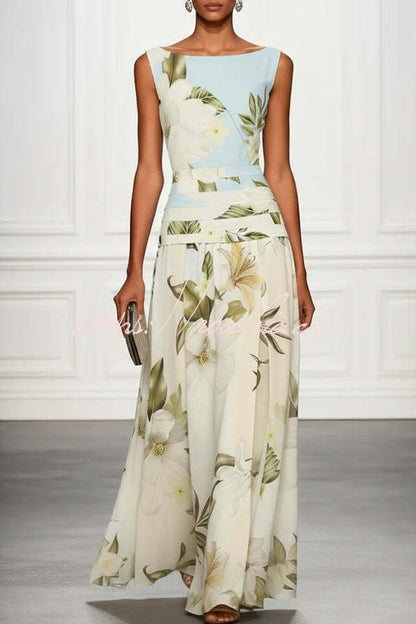 Classic Floral Print Boat Neck Ruched Waist Sleeveless A-Line Maxi Dress