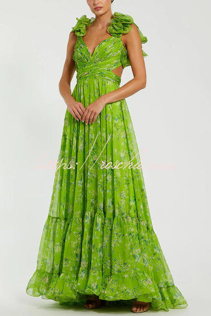 Delicate Garden Chiffon Floral Print Tiered Ruffle Cutout Back Lace-up Gown Maxi Dress