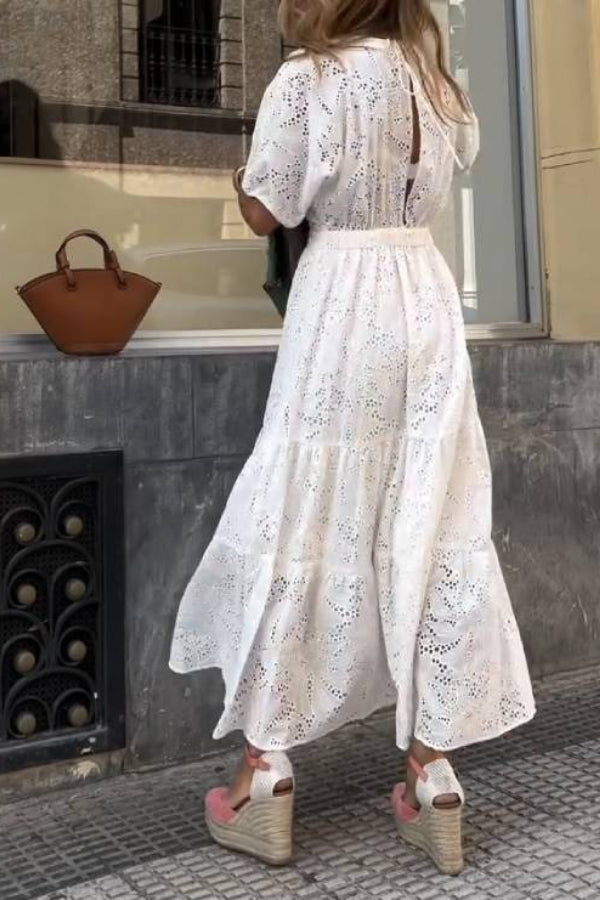 Openwork Embroidered V-Neck Knot-Detail Waist-Defining Maxi Dress