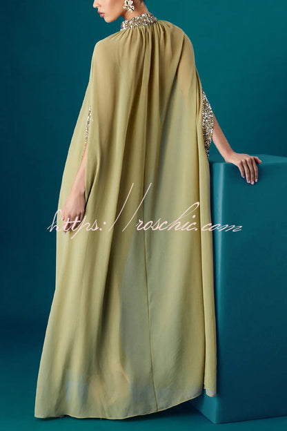 My Dearest Chiffon Sequin Trim High Neck Batwing Cutout Sleeve Cape Maxi Dress