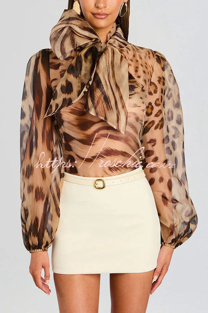 Peregrine Semi-sheer Silk Animal Print Bow Neck Balloon Sleeve Loose Blouse