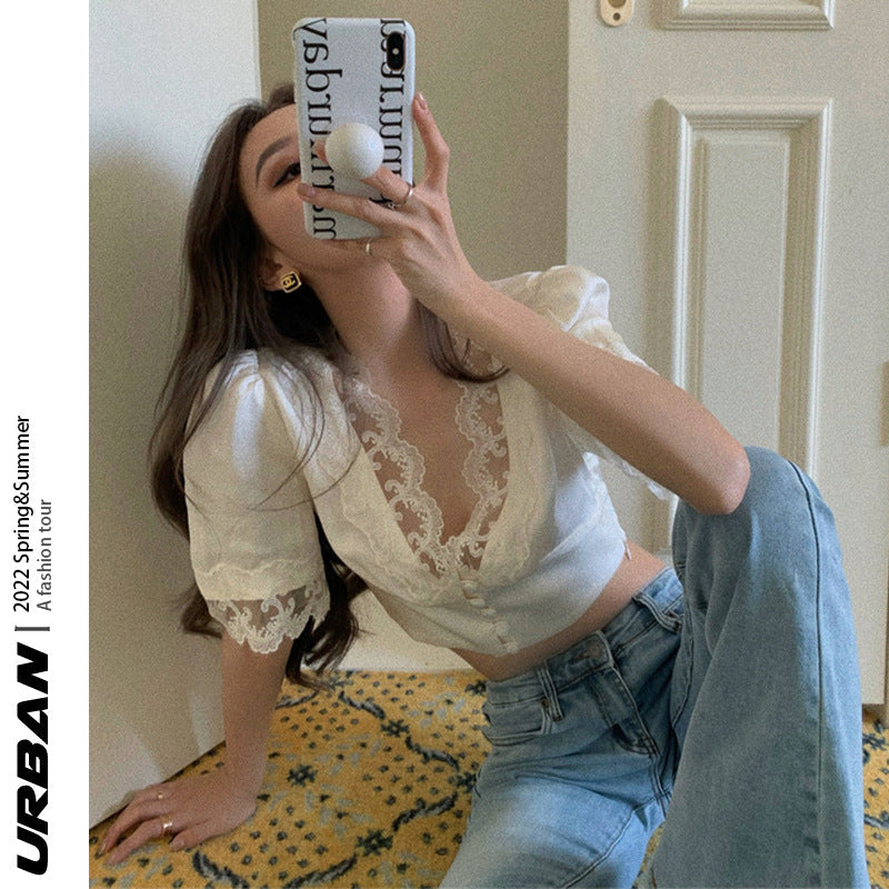 Ivory Satin Scallop Lace Puff Sleeve Crop Top