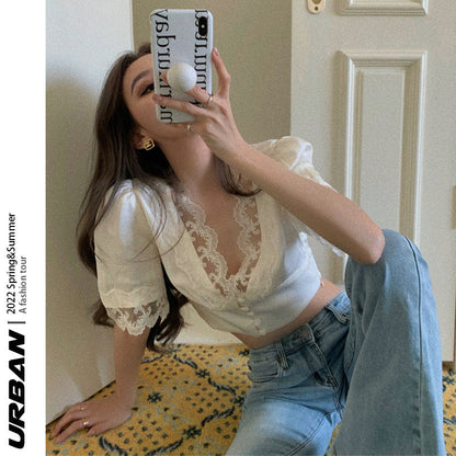 Ivory Satin Scallop Lace Puff Sleeve Crop Top