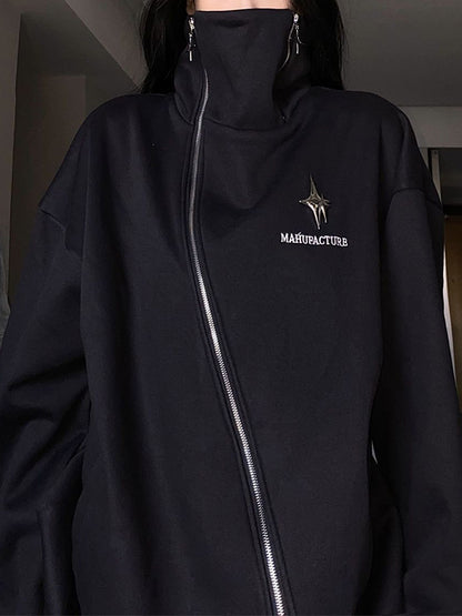 Irregular Design Star Badge Decor Zip Up Sweatshirt