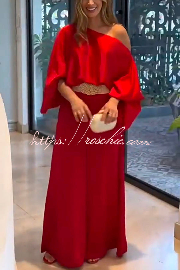Elegant Rose Print Long Sleeve Belted Wide Leg Pants Suit