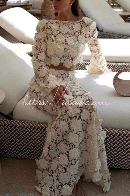Stylish Long-sleeved Backless Lace Top and Elegant Openwork Maxi Fishtail Skirt Set