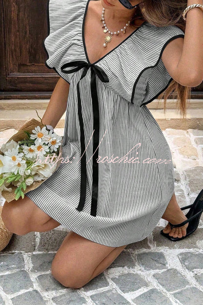 Striped Print Loose V-neck Tie Bow Casual Mini Dress
