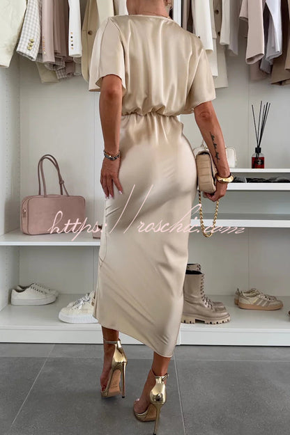 Satin Solid Color V-neck Cross Knot Slim Maxi Dress