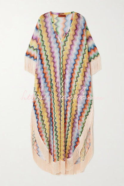 Mezcal Knit Colorful Zigzag Pattern Tassle Trim Loose Kaftan Maxi Dress