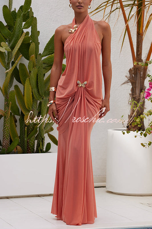 Touch of Drama Mesh Butterfly Metal Clips One Shoulder Backless Maxi Dress