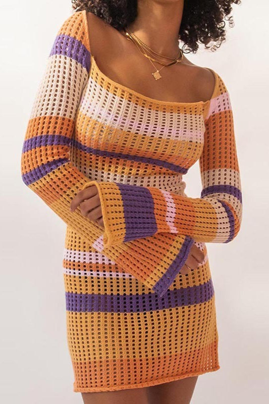 Striped Knit  Cut Out Mini Bodycon Sweater Dress