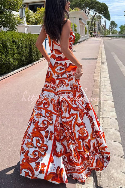 Arnell Contrast Color Artistic Floral Print Square Neck Pleated Hem Maxi Dress