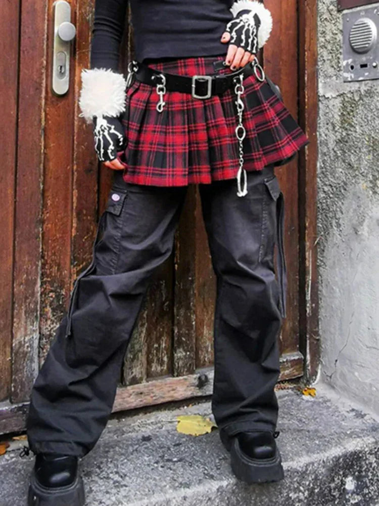90s Grunge Streetwear Plaid Mini Gothic Eyelet Strap Pleated Y2k Techwear Aline Skirt