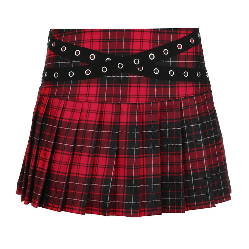 90s Grunge Streetwear Plaid Mini Gothic Eyelet Strap Pleated Y2k Techwear Aline Skirt