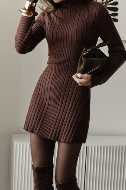 Elegant Playful Mock Neck Long Sleeve ALine Mini Knit Sweater Dress